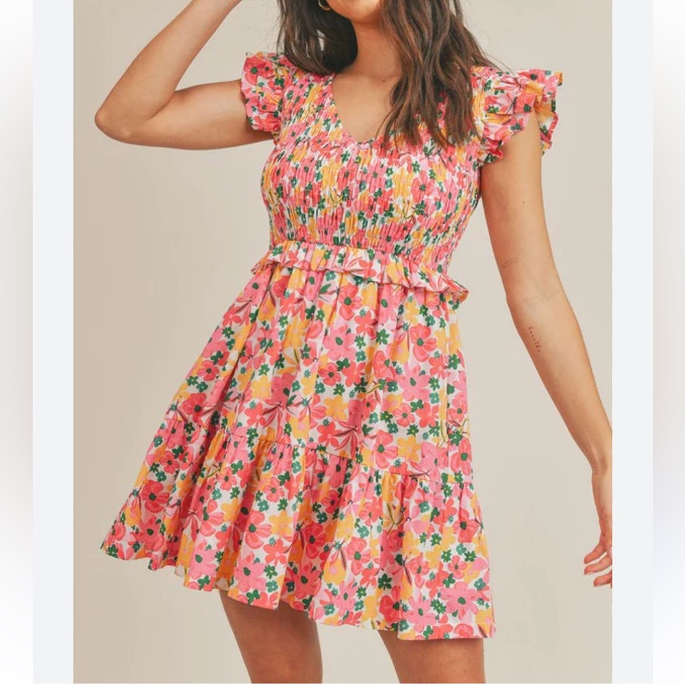Women’s Floral Pink and Yellow Ruffle Dress Sundress